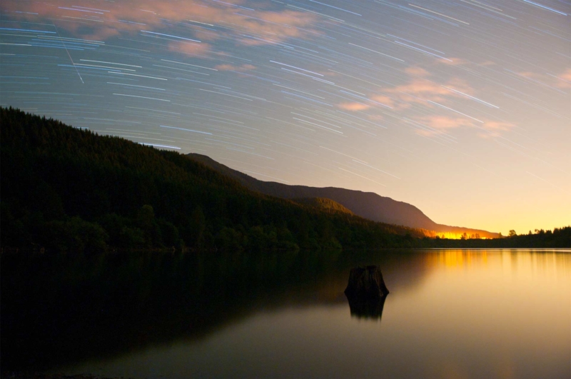 Star Trails and Meteor over Rattlesnake Lake
