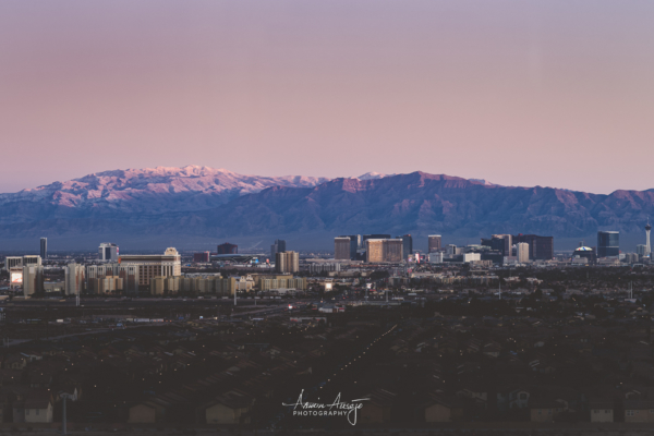 Purple mountains behind Vegas