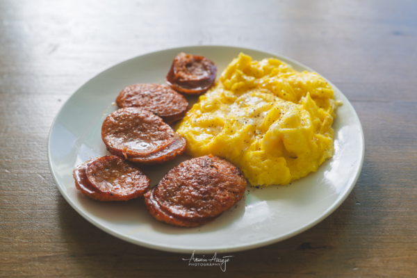 Portuguese sausage and eggs for breakfast